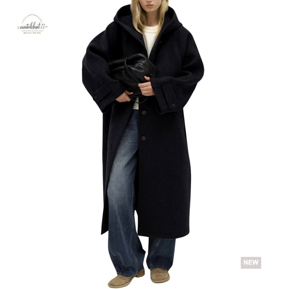 Wool Trench Coat with Hood, Loose Fit, Long Sleeve, Below Knee Length